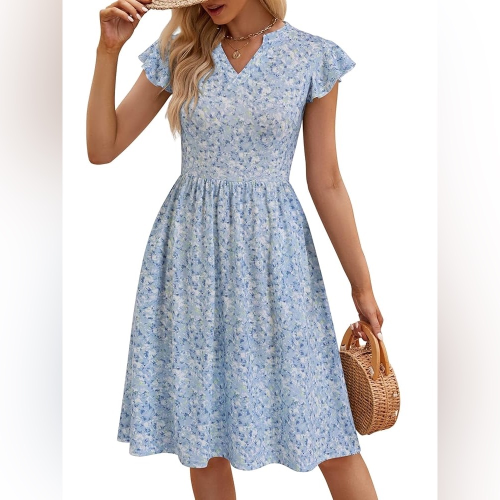 Light Blue Floral V-Neck A-Line Dress Flutter Sleeve Modest Small